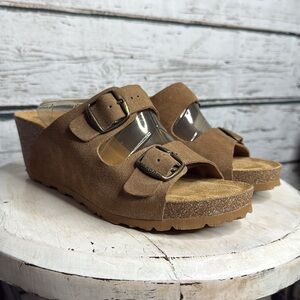 Yokono Leather Suede Cork Wedge Sandals